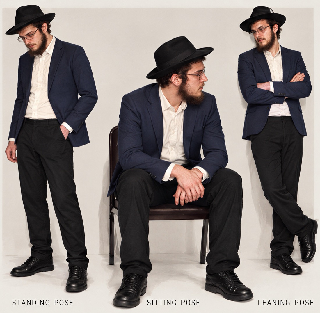 Costume tests of Gabriel as a Hasidic man: standing, sitting and leaning