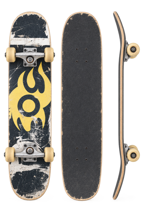 A battered skateboard shown front, back and side