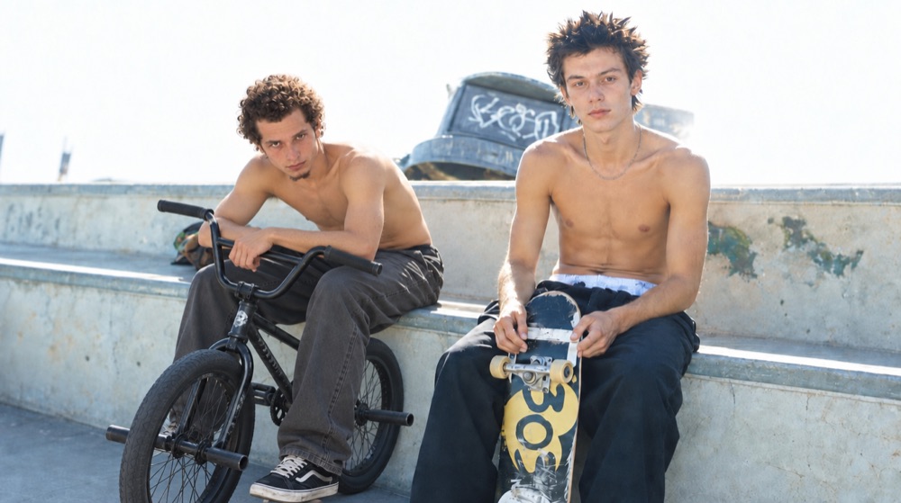 Two shirtless teenage skaters on a ledge