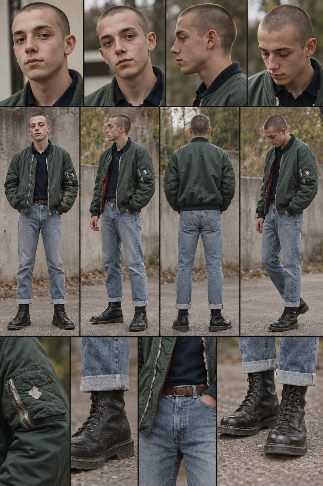 Wardrobe study of skinhead Gabriel: bomber jacket, rolled jeans, Doc Martens