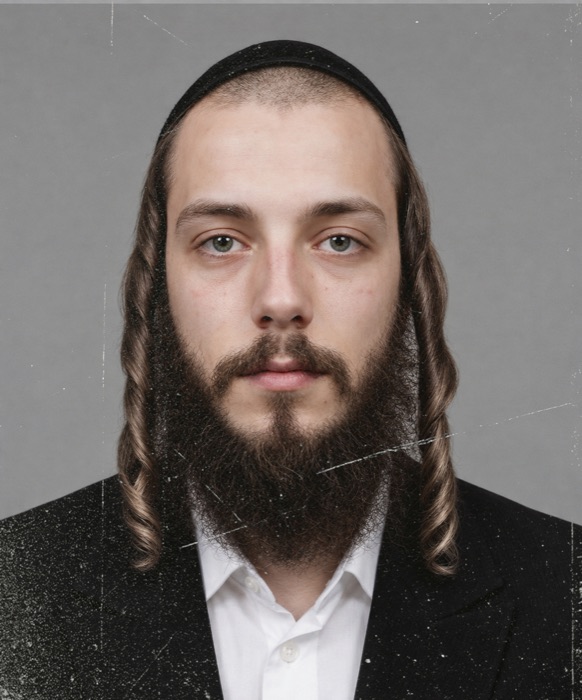 ID photo of a young Hasidic man with side curls and a beard