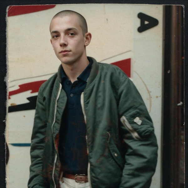 Gabriel as a teenage skinhead in a green bomber jacket